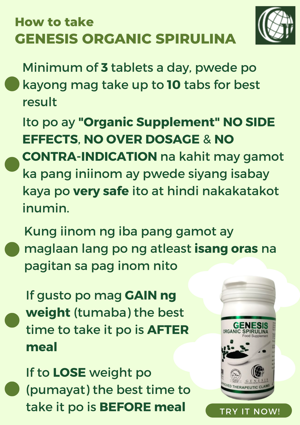 4 BOTTLES GENESIS ORGANIC SPIRULINA